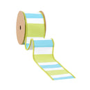 2 1/2" Wired Dupioni Ribbon | Green/White/Blue Large Horizontal Stripe w/ Green Backing | 10 Yard Roll