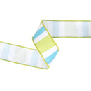 2 1/2" Wired Dupioni Ribbon | Green/White/Blue Large Horizontal Stripe w/ Green Backing | 10 Yard Roll