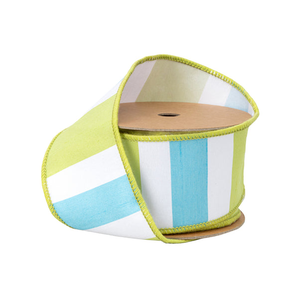 2 1/2" Wired Dupioni Ribbon | Green/White/Blue Large Horizontal Stripe w/ Green Backing | 10 Yard Roll