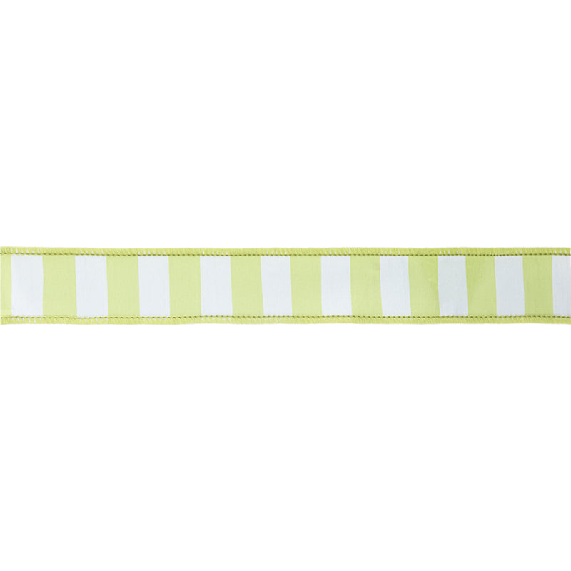1 1/2" Wired Ribbon | Green/White Medium Horizontal Stripe w/ Green Backing | 10 Yard Roll