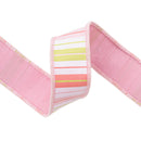 1 1/2" Wired Ribbon | Pink/Green/White Stripes w/ Pink Backing | 10 Yard Roll