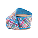 2 1/2" Wired Ribbon | Earth Tone Plaid Bias Cut w/ Blue Backing | 10 Yard Roll