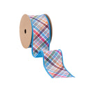 2 1/2" Wired Ribbon | Earth Tone Plaid Bias Cut w/ Blue Backing | 10 Yard Roll