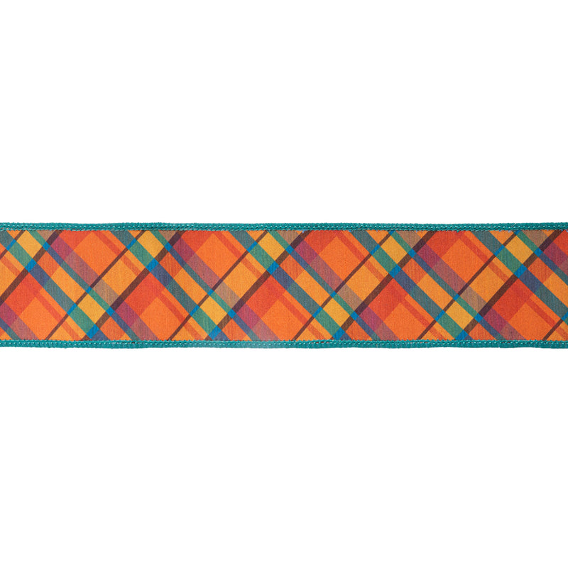 2 1/2" Wired Ribbon | Orange/Teal Plaid Bias Cut w/ Dark Teal Backing | 10 Yard Roll