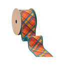 2 1/2" Wired Ribbon | Orange/Teal Plaid Bias Cut w/ Dark Teal Backing | 10 Yard Roll