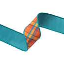 2 1/2" Wired Ribbon | Orange/Teal Plaid Bias Cut w/ Dark Teal Backing | 10 Yard Roll