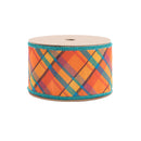 2 1/2" Wired Ribbon | Orange/Teal Plaid Bias Cut w/ Dark Teal Backing | 10 Yard Roll