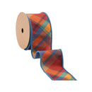 2 1/2" Wired Ribbon | Large Orange/Teal Plaid Bias Cut w/ Blue Backing | 10 Yard Roll