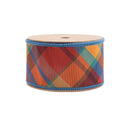 2 1/2" Wired Ribbon | Large Orange/Teal Plaid Bias Cut w/ Blue Backing | 10 Yard Roll