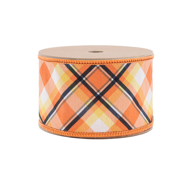 2 1/2" Wired Ribbon | Halloween Plaid Bias Cut w/ Orange Backing | 10 Yard Roll