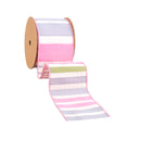4" Wired Dupioni Ribbon | Green/Pink/Purple Large Horizontal Stripe with Pink Gingham Backing | 10 Yard Roll