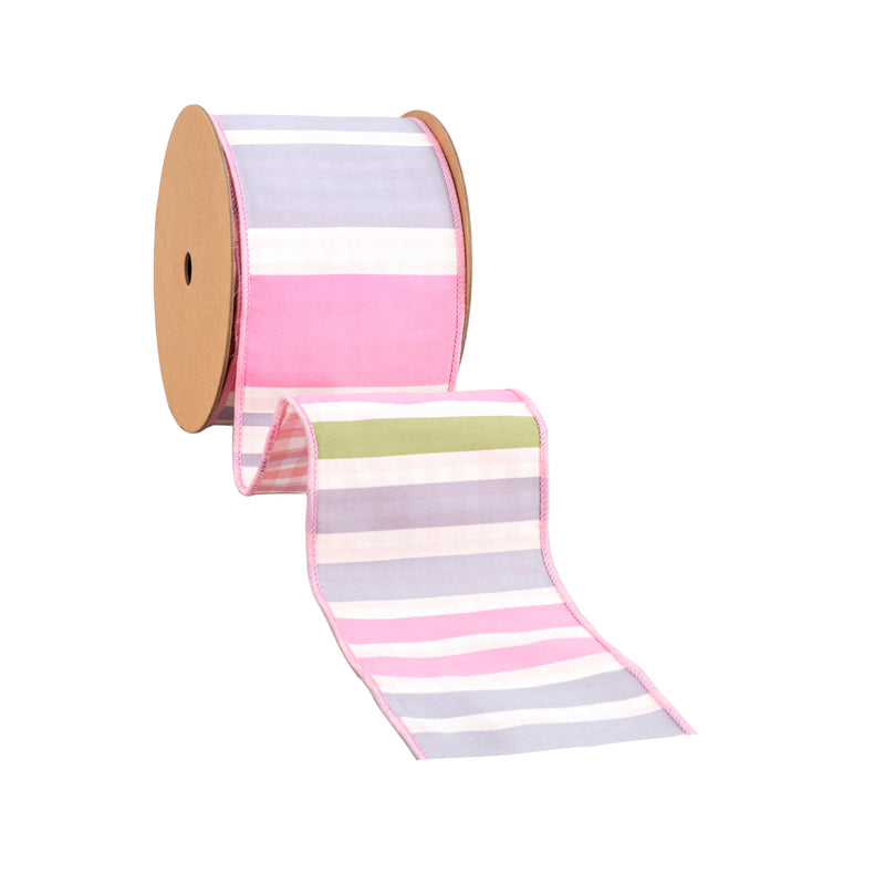 4" Wired Dupioni Ribbon | Green/Pink/Purple Large Horizontal Stripe with Pink Gingham Backing | 10 Yard Roll