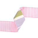 4" Wired Dupioni Ribbon | Green/Pink/Purple Large Horizontal Stripe with Pink Gingham Backing | 10 Yard Roll