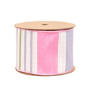 4" Wired Dupioni Ribbon | Green/Pink/Purple Large Horizontal Stripe with Pink Gingham Backing | 10 Yard Roll