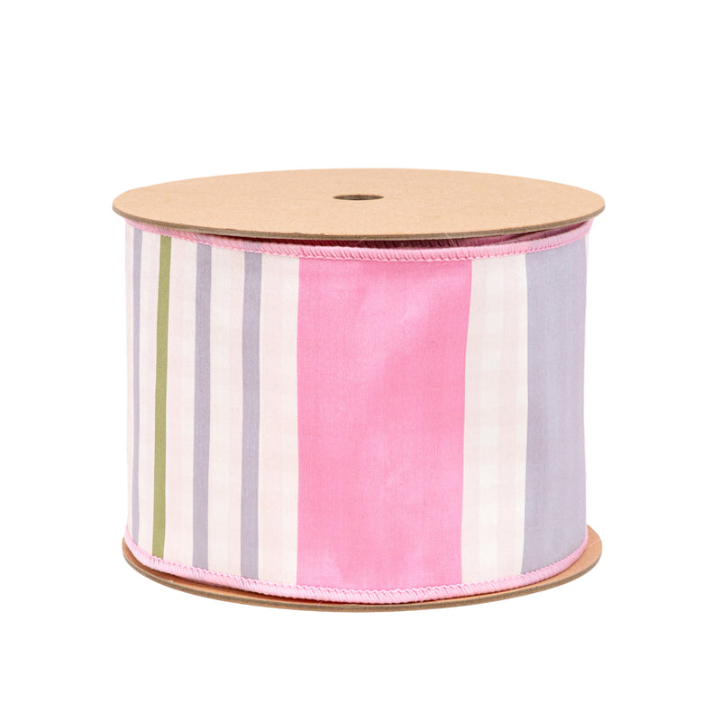 4" Wired Dupioni Ribbon | Green/Pink/Purple Large Horizontal Stripe with Pink Gingham Backing | 10 Yard Roll