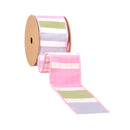 2 1/2" Wired Dupioni Ribbon | Green/Pink/Purple Large Horizontal Stripe with Pink Gingham Backing | 10 Yard Roll
