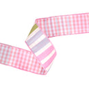 2 1/2" Wired Dupioni Ribbon | Green/Pink/Purple Large Horizontal Stripe with Pink Gingham Backing | 10 Yard Roll