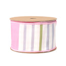2 1/2" Wired Dupioni Ribbon | Green/Pink/Purple Large Horizontal Stripe with Pink Gingham Backing | 10 Yard Roll
