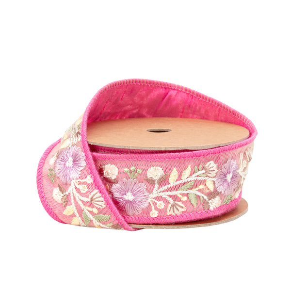 1 1/2" Wired Dupioni Ribbon | Pink Flower Trim | 5 Yard Roll