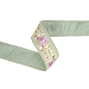 1 1/2" Wired Dupioni Ribbon | Green Flower Trim | 5 Yard Roll
