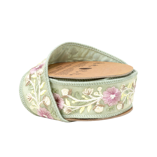 1 1/2" Wired Dupioni Ribbon | Green Flower Trim | 5 Yard Roll
