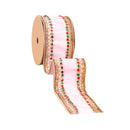 2 1/2" Wired Velvet Ribbon | Pink Double-Sided Beaded Trim w Metallic Dupioni Fused Backing | 10 Yard Roll