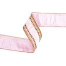 2 1/2" Wired Velvet Ribbon | Pink Double-Sided Beaded Trim w Metallic Dupioni Fused Backing | 10 Yard Roll