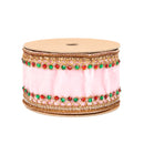 2 1/2" Wired Velvet Ribbon | Pink Double-Sided Beaded Trim w Metallic Dupioni Fused Backing | 10 Yard Roll