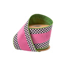 4" Wired Velvet Ribbon | Hot Pink with Checkerboard Pattern w/ Green Dupioni Backing | 10 Yard Roll
