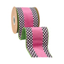 4" Wired Velvet Ribbon | Hot Pink with Checkerboard Pattern w/ Green Dupioni Backing | 10 Yard Roll