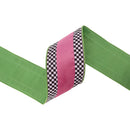 4" Wired Velvet Ribbon | Hot Pink with Checkerboard Pattern w/ Green Dupioni Backing | 10 Yard Roll