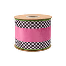 4" Wired Velvet Ribbon | Hot Pink with Checkerboard Pattern w/ Green Dupioni Backing | 10 Yard Roll
