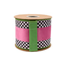 4" Wired Velvet Ribbon | Hot Pink with Checkerboard Pattern w/ Green Dupioni Backing | 10 Yard Roll