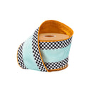 4" Wired Velvet Ribbon | Blue with Checkerboard Pattern w/ Orange Backing | 10 Yard Roll