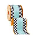 4" Wired Velvet Ribbon | Blue with Checkerboard Pattern w/ Orange Backing | 10 Yard Roll