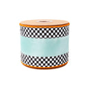 4" Wired Velvet Ribbon | Blue with Checkerboard Pattern w/ Orange Backing | 10 Yard Roll