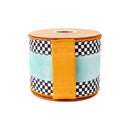 4" Wired Velvet Ribbon | Blue with Checkerboard Pattern w/ Orange Backing | 10 Yard Roll