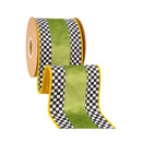 4" Wired Velvet Ribbon | Green with Checkerboard Pattern w/ Yellow Backing | 10 Yard Roll