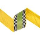 4" Wired Velvet Ribbon | Green with Checkerboard Pattern w/ Yellow Backing | 10 Yard Roll