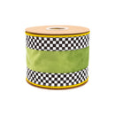 4" Wired Velvet Ribbon | Green with Checkerboard Pattern w/ Yellow Backing | 10 Yard Roll