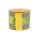 4" Wired Velvet Ribbon | Green with Checkerboard Pattern w/ Yellow Backing | 10 Yard Roll