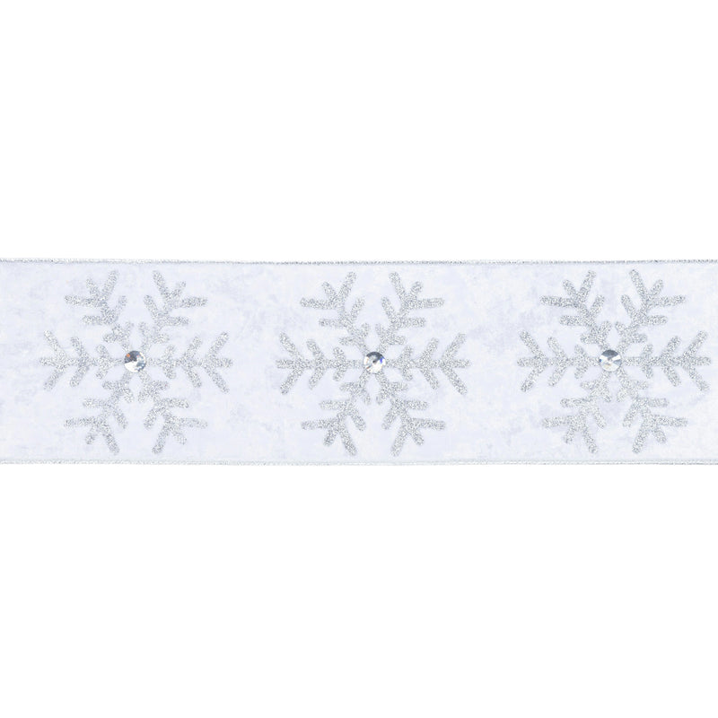 4" Wired Velvet | Glitter Snowflake with Jewel on White | 10 Yard Roll