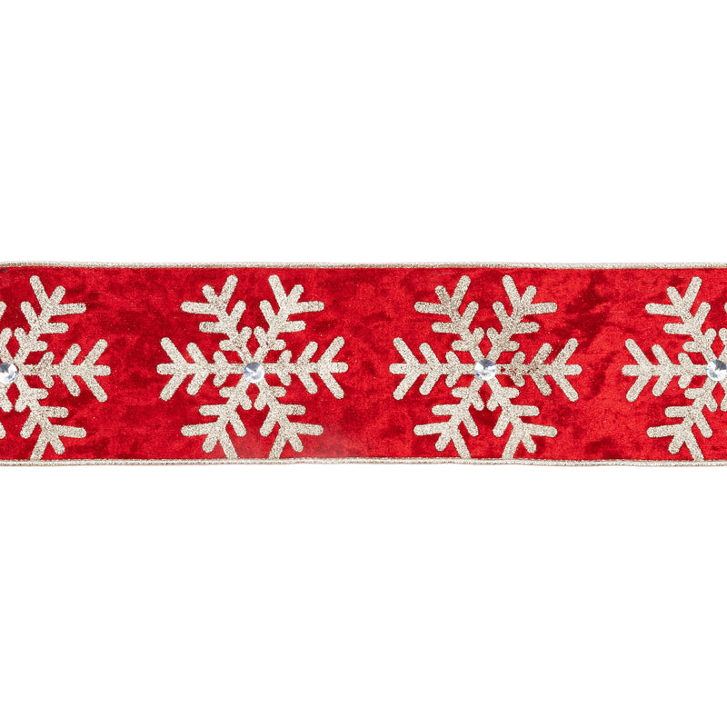 4" Wired Velvet | Glitter Snowflake with Jewel on Red | 10 Yard Roll