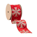 4" Wired Velvet | Glitter Snowflake with Jewel on Red | 10 Yard Roll