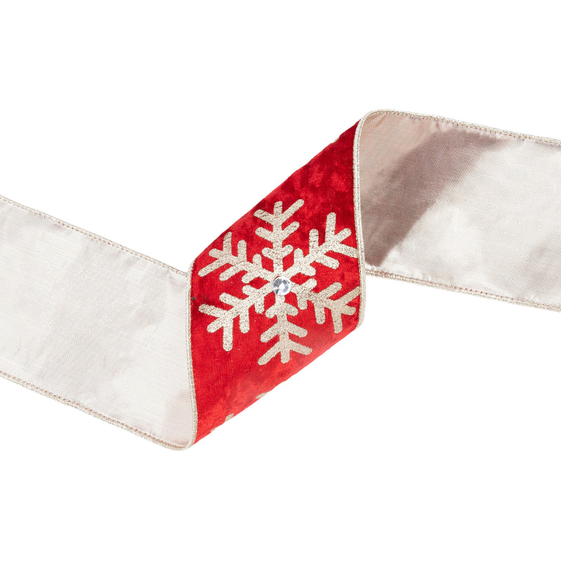4" Wired Velvet | Glitter Snowflake with Jewel on Red | 10 Yard Roll