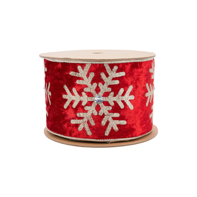 4" Wired Velvet | Glitter Snowflake with Jewel on Red | 10 Yard Roll