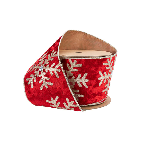 4" Wired Velvet | Glitter Snowflake with Jewel on Red | 10 Yard Roll