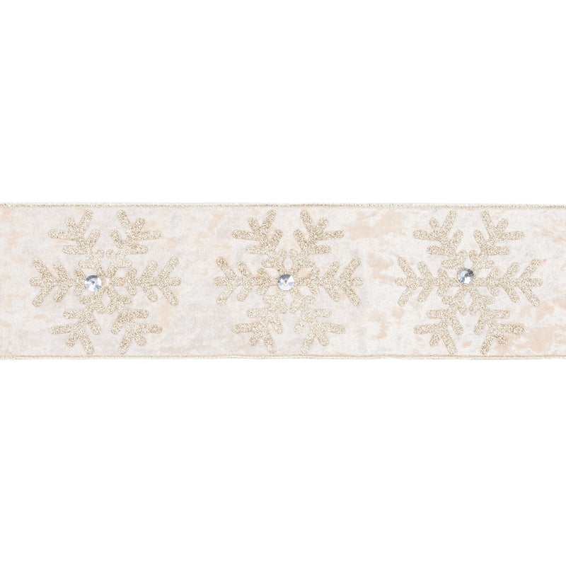 4" Wired Velvet | Glitter Snowflake with Jewel on Champagne | 10 Yard Roll