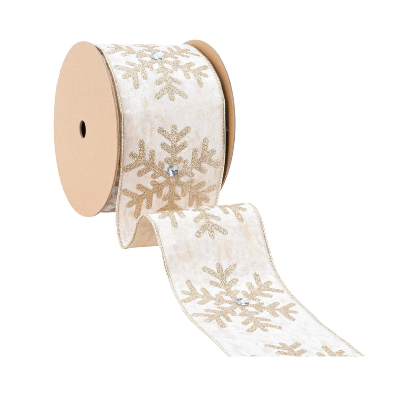 4" Wired Velvet | Glitter Snowflake with Jewel on Champagne | 10 Yard Roll