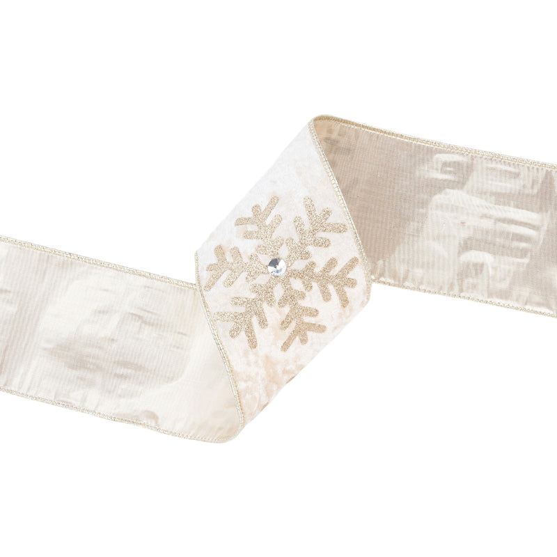 4" Wired Velvet | Glitter Snowflake with Jewel on Champagne | 10 Yard Roll